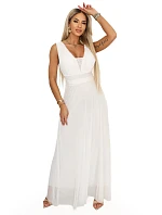 637-8 Dlhé maxi šaty s brokátovým akcentom a hlbokým výstrihom - ecru