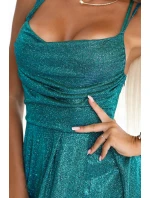 589-3 Dlhé šaty s jemnými trblietkami a korzetovým viazaním vzadu - zelené s trblietkami