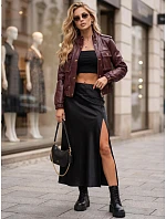 Dámska kožená bomberová bunda na prechodné obdobie, vínová, FashionStreet TY5873 Dámska kožená bomberová bunda na prechodné obdobie, vínová, FashionStreet TY5873
