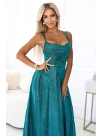 589-3 Dlhé šaty s jemnými trblietkami a korzetovým viazaním vzadu - zelené s trblietkami