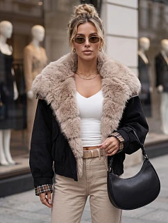 Krátka dámska semišová bunda s kožušinou, čierna, FashionStreet TY5842