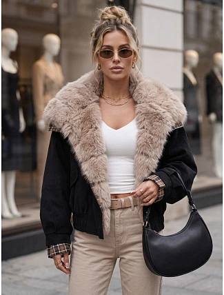 Krátka dámska semišová bunda s kožušinou, čierna, FashionStreet TY5842 Krátka dámska semišová bunda s kožušinou, čierna, FashionStreet TY5842