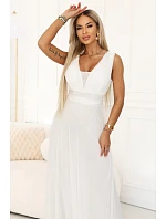 637-8 Dlhé maxi šaty s brokátovým akcentom a hlbokým výstrihom - ecru