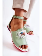 Damskie Skórzane Sandałki Z Ozdobą Zielone Nevassa