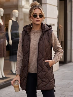 Dlhá dámska prešívaná vesta s kapucňou, čokoládová, FashionStreet TY6014