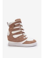 Skórzane Botki Na Koturnie Sznurowane Beżowe Amria