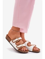 Materiałowe Klapki Damskie Na Korkowej Platformie Z Klamrami Białe Osoffe