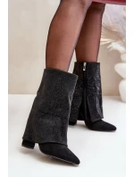 Zdobione Błyszczące Botki Z Wywiniętą Cholewką Na Słupku Ocieplane Czarne Xistaria