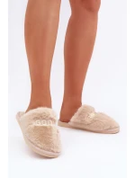 Kapcie Damskie Z Futerkiem I Napisem Beżowe Kalelia