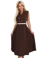 596-4 Elegantná midi košeľa so zlatými gombíkmi a opaskom - CHOCOLATE 596-4 Elegantná midi košeľa so zlatými gombíkmi a opaskom - CHOCOLATE