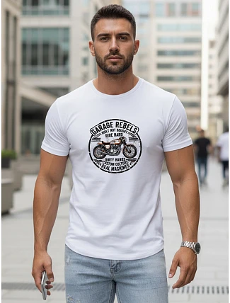 Pánske bavlnené tričko s motorkárskou potlačou biele FashionStreet NX5007R