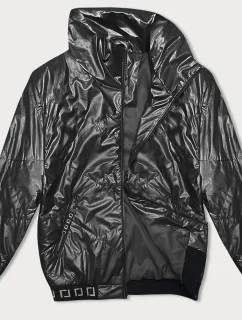 Krátka čierna lesklá dámska bunda so stojačikom (5M3195)