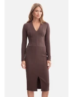 B307 Pletené šaty v tvare ceruzky - hnedé