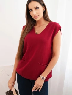 Dámsky viskózový sveter bez rukávov s vreckami a véčkovým výstrihom bordovej farby