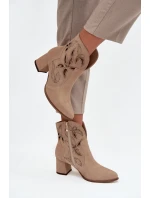 Zamszowe Ażurowe Botki Damskie Na Słupku Zazoo 3647 Beżowe