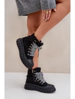 Damskie Ocieplane Botki Trapery Na Platformie Czarne Alcyhen