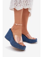 Klapki Damskie Na Koturnie Z Transparentnym Paskiem Jeansowe Zolretia
