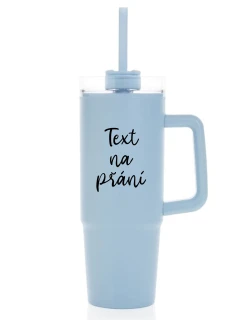TEXT NA PŘÁNÍ - světle modrý cestovní termohrnek s průhledným víčkem 900 ml