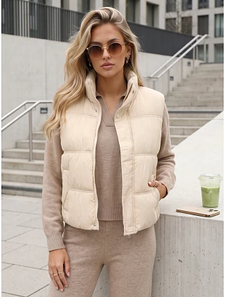 Dámska zateplená vesta bez kapucne, béžová, FashionStreet TY5726 Dámska zateplená vesta bez kapucne, béžová, FashionStreet TY5726