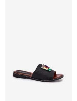 Klapki Damskie Na Płaskim Obcasie Z Ozdobą Czarne Clelione