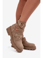 Botki Damskie Z Paskami I Złotymi Klamrami Beżowe Helisse