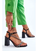 Skórzane Sandały Z Cyrkoniami Na Obcasie Czarne Carlotta