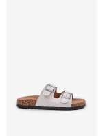 Materiałowe Klapki Na Korkowej Podeszwie Z Klamrami Jasnoszare Atera