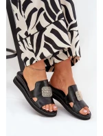 Klapki Damskie Na Koturnie Eko Skórzane Z Ozdobą Czarne Sarela