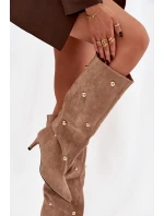 Nazouvací dámské kozačky na podpatku se zlatými ozdobami béžové Thaliane