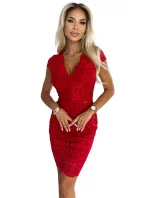 316-9 Čipkované šaty s krátkymi rukávmi a výstrihom - ČERVENÉ