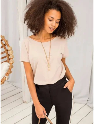 Béžové základné tričko s výstrihom Feel Good (4662-27)