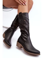 Skórzane Kozaki Z Ażurowym Wzorem Czarne Sierra