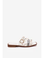 Zdobione Klapki Damskie Na Płaskim Obcasie Z Paskami I Klamrą Białe Manitte