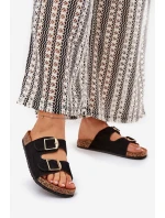 Klapki Damskie Na Korkowej Platformie Ze Złotymi Klamrami Czarne Lisavionea