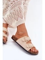 Szydełkowe Klapki Damskie Ze Złotymi Klamrami Beżowe Fenira