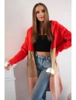 Pruhovaný sveter s kapucňou červený+biely+púdrovo ružový