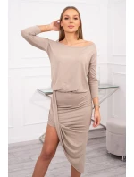 Asymetrické šaty, 3/4 rukávy, tmavo béžové