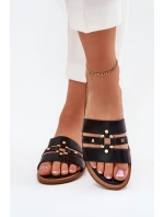 Płaskie Klapki Damskie Ze Złotym Detalem Czarne Noroti