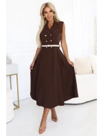 596-4 Elegantná midi košeľa so zlatými gombíkmi a opaskom - CHOCOLATE 596-4 Elegantná midi košeľa so zlatými gombíkmi a opaskom - CHOCOLATE