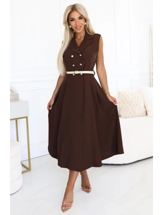 596-4 Elegantná midi košeľa so zlatými gombíkmi a opaskom - CHOCOLATE 596-4 Elegantná midi košeľa so zlatými gombíkmi a opaskom - CHOCOLATE