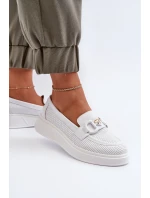 Skórzane Mokasyny Damskie Na Platformie Białe S.Barski LR720