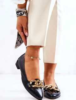 Skórzane Wężowe Czółenka Czarne Elissabeth