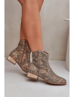 Ażurowe Damskie Botki Na Niskim Obcasie Ozdobione Zwierzęcym Wzorem Złote Neliawen