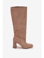 Kozaki Damskie Ocieplane Na Słupku Z Ozdobnymi Detalami Beżowe Lucinda