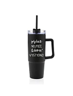 PRÁCE NEUTEČE, KÁVA VYSTYDNE! - černý cestovní termohrnek s průhledným víčkem 900 ml  