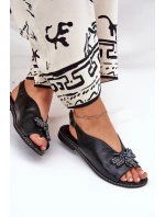 Połyskujące Sandały Damskie Z Ozdobą Płaskie Czarne Russona