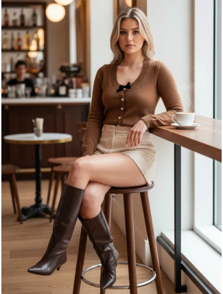 Dámsky krátky sveter s mašľou LAMURE hnedý FashionStreet MY2472 Dámsky krátky sveter s mašľou LAMURE hnedý FashionStreet MY2472