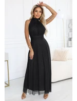 636-3 VERONICA luxusné dlhé šaty s brokátovým akcentom a elegantným strihom - čierne