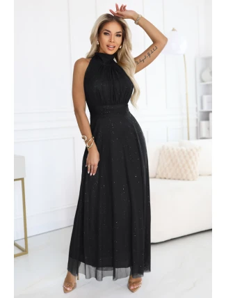 636-3 VERONICA luxusné dlhé šaty s brokátovým akcentom a elegantným strihom - čierne