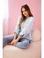 Dámska ľanová blúzka s kvetinovým vzorom, dlhými rukávmi a gombíkmi Modrá